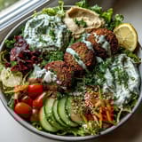 Vibrant falafel bowl with crispy falafel balls, creamy hummus, fresh greens, and a drizzle of tahini sauce.  