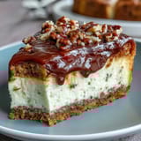 Decadent carrot cake cheesecake bars with creamy swirl and light cream cheese frosting.