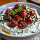 Creamy whipped feta topped with sweet roasted cherry tomatoes and fresh basil—perfect for dipping pita chips or crackers.  