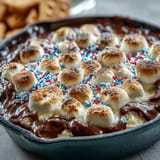 Festive 3-ingredient S'mores Dip ready for dipping graham crackers, Independence Day delight.