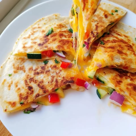 Freshly made quesadillas brimming with cheese and colorful vegetables, perfect for a quick lunch.
