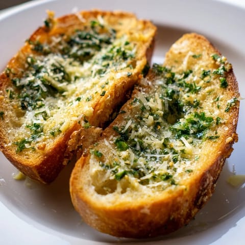 Warm, crispy Garlic Bread slices fresh from the oven, with melting, garlicky butter and herbs.