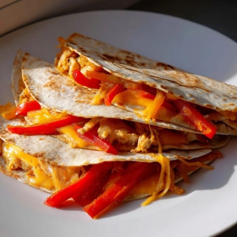 A close-up of a perfectly cooked Chicken Quesadilla, showcasing melted cheese and grilled chicken.