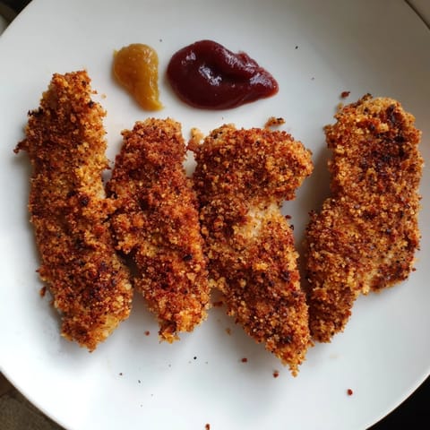 Perfectly fried chicken tenders, appealing for a weeknight meal and served with barbecue sauce.