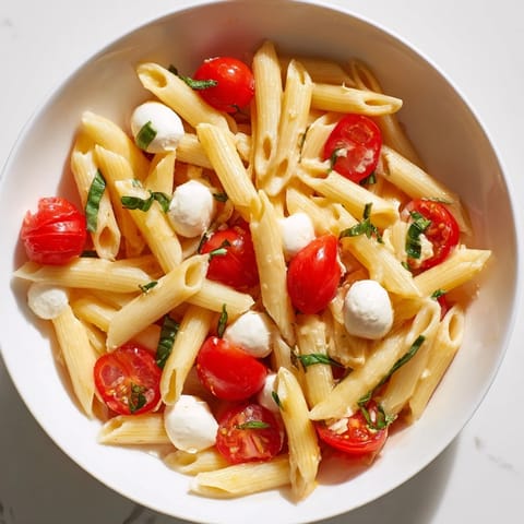 Bright basil leaves add fragrance to this Caprese Salad Pasta, where fresh mozzarella and tomatoes nestle in penne with a light balsamic glaze.