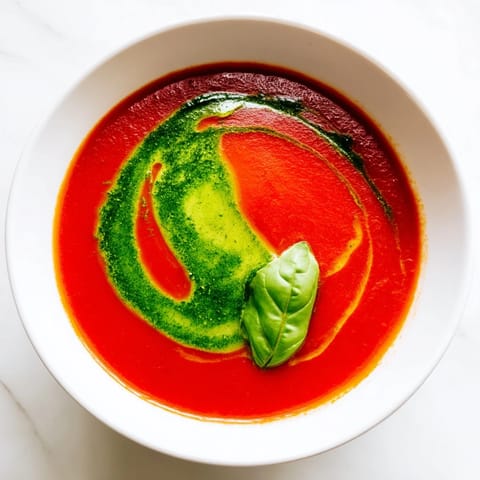 Bright red tomato soup garnished with a vibrant basil pesto swirl and fresh basil leaves.