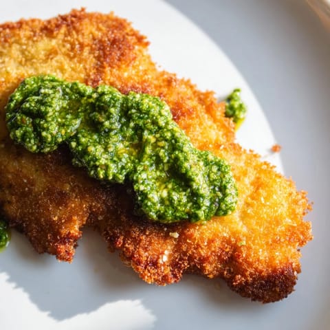 Golden-brown Crispy Pesto Chicken Cutlets garnished with fresh basil and served with lemon wedges.  