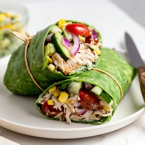 Spinach tortilla wraps filled with smoky BBQ chicken salad, crisp romaine, corn, and cherry tomatoes.