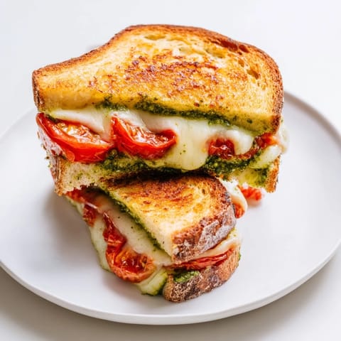 Golden, crispy slices of Roasted Tomato Pesto Grilled Cheese rest on a wooden board, revealing gooey melted cheese and caramelized tomato layers.