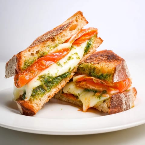 A close-up of Roasted Tomato Pesto Grilled Cheese, highlighting the vibrant pesto spread and slow-roasted tomatoes tucked inside buttery sourdough.