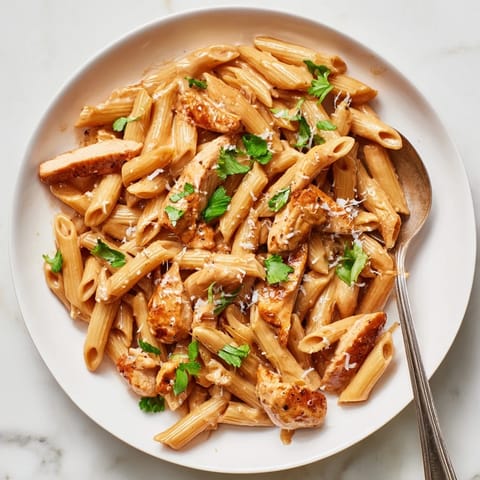 Golden-brown seared chicken slices rest atop al dente penne pasta coated in a vibrant honey chipotle sauce, garnished with fresh cilantro and grated Parmesan.