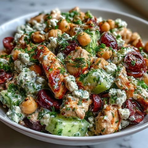 Fresh Mediterranean Chickpea Chicken Salad with juicy chicken, creamy feta, Kalamata olives, and crisp vegetables tossed in zesty lemon dressing.