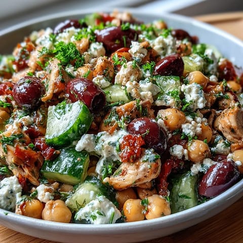 Hearty Mediterranean Chickpea Chicken Salad served in a bowl, featuring chickpeas, cherry tomatoes, cucumber, and crumbled feta cheese.