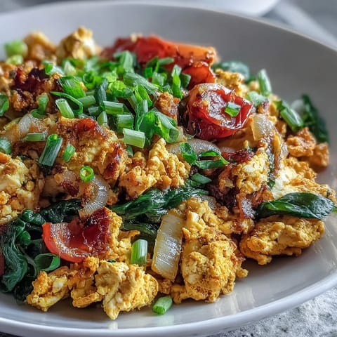 Tofu scramble topped with fresh chives served alongside avocado slices and toasted whole-grain bread.