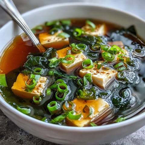 Creamy miso soup with silken tofu cubes, tender wakame seaweed, and fresh scallions, served steaming in a ceramic bowl.  