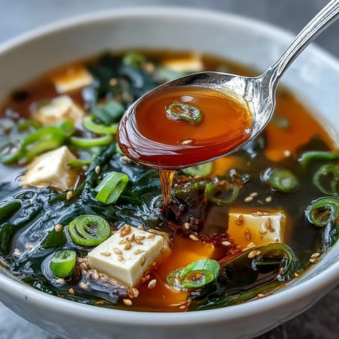 Hearty Japanese miso soup features soft tofu pieces, rehydrated wakame, and vibrant green scallions atop savory dashi broth.  