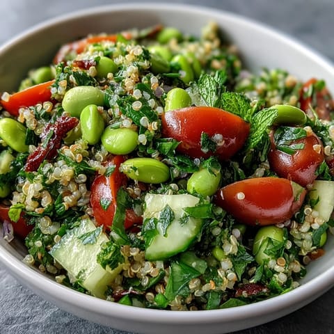 A vibrant Edamame and Quinoa Salad with cherry tomatoes, cucumber, and fresh herbs in a zesty lemon dressing.  
