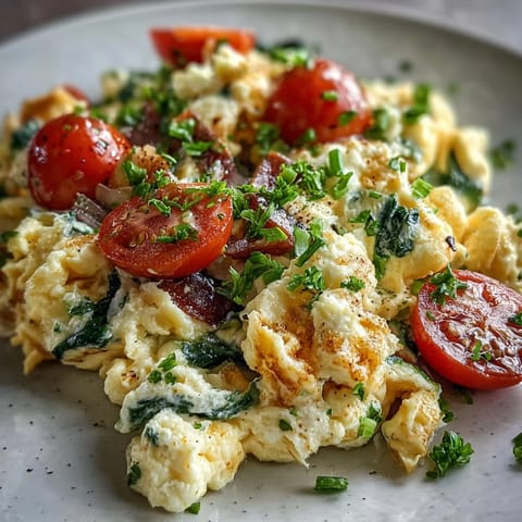 A close-up photo of a fluffy egg and vegetable scramble served on a white plate, featuring vibrant red bell peppers, spinach, and cherry tomatoes for a nutritious breakfast.  