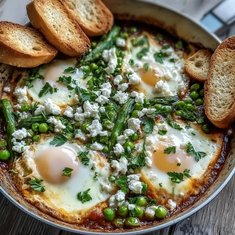 Fork-tender asparagus and bright peas bubble in the lightly spiced tomato sauce of this vibrant Pea and Broad Bean Shakshuka.