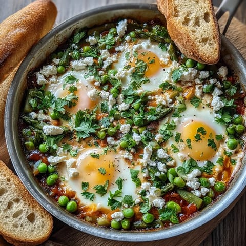A vegetarian shakshuka features creamy feta and fresh herbs, ready to scoop up with crusty bread for a hearty meal.