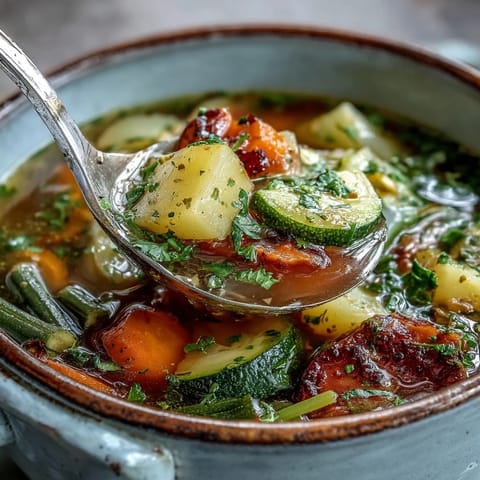 Freshly ladled Potato and Vegetable Soup shows tender vegetables in a rich broth, garnished with green parsley on top.