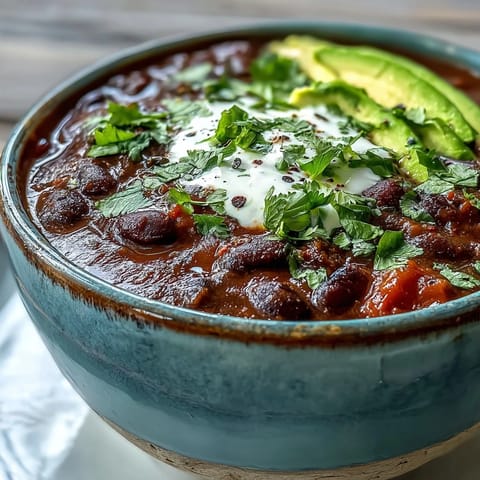 Hearty black bean soup recipe, spoon-ready with a dollop of sour cream, diced red onion, and smoky spices for warmth.  