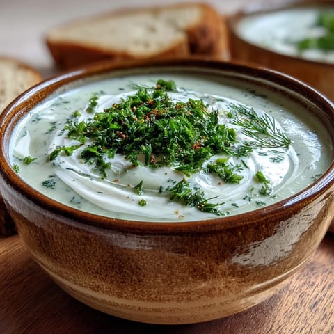 Creamy celery and herb soup served hot with crusty bread for dipping.  