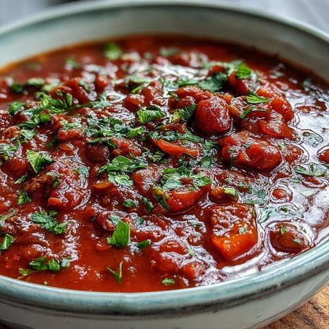 Warm Tomato Lentil Soup with rustic carrots, celery, and a swirl of fresh parsley.