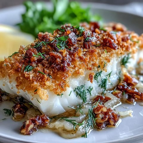 Golden-baked halibut fillets topped with a crunchy lemon-walnut pangrattato over roasted fennel.