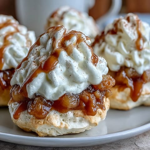 Delicate Mini Hot Toddy Pavlovas topped with whipped cream and spiced whisky-poached pears on a white plate.