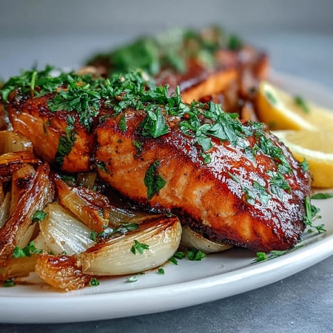 Bright green parsley dressing is spooned over the golden, skin-on One-Pan Roast Salmon, highlighting roasted leeks and onions on a rustic plate.