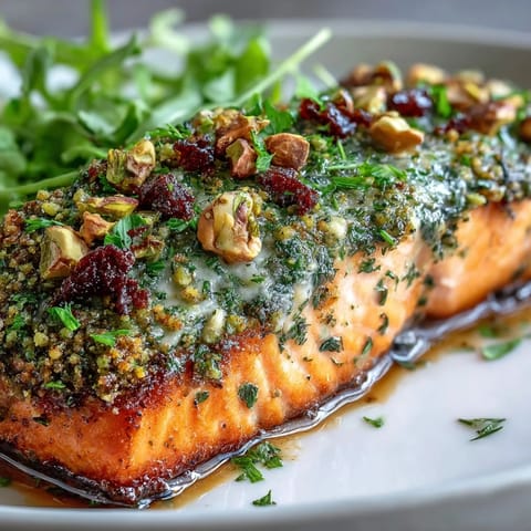 Golden-baked Confit Salmon With Tahini, Pistachio and Herb Crust glistening with oil, served with fresh herbs and a lemon wedge on a rustic plate.