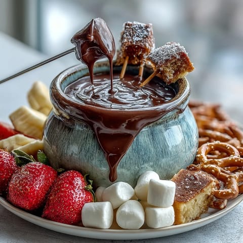 Festive Boozy Chocolate Fondue with melted dark chocolate, strawberries, and marshmallows.