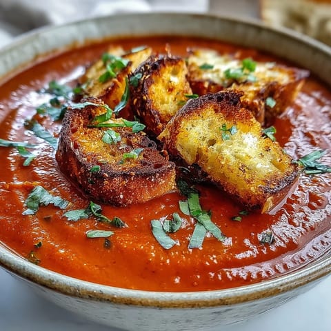 A vibrant red pepper soup garnished with crispy croutons on top.