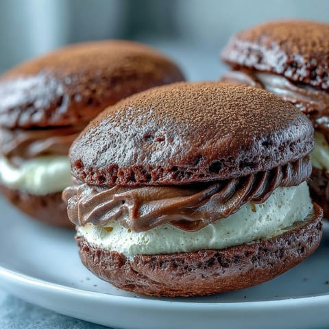 A close-up of Tiramisu Whoopie Pies shows cracked chocolate cookie shells and creamy, espresso-infused mascarpone filling.