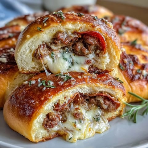 Golden-brown Irresistible High Protein Pepperoni Pizza Rolls fresh from the oven, bubbling with melted mozzarella and rich pizza sauce.