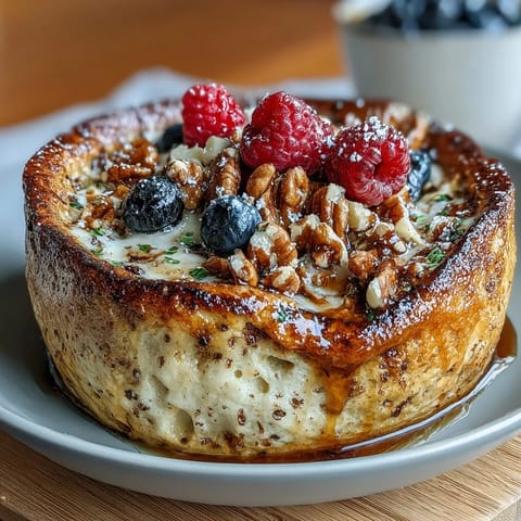 Golden-brown Baked Protein Pancake Bowl fresh from the oven, topped with peanut butter and fresh blueberries on a bright kitchen counter.