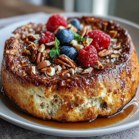 Fork and knife slicing into a warm Baked Protein Pancake Bowl, revealing a fluffy, high-protein interior and melting chocolate chips.
