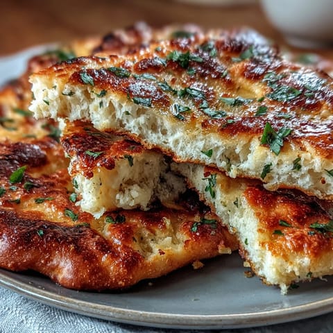 Warm The Best Easy Garlic Naan Bread brushed with melted butter and garlic, resting on a wooden board.