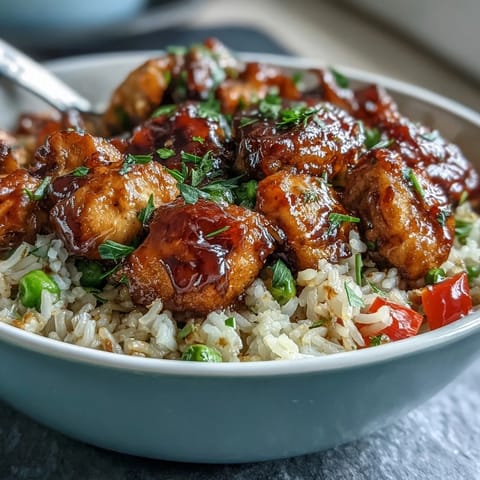 Tender chicken glazed in sticky honey BBQ sauce mingles with fluffy rice and colorful vegetables in a vibrant one-pan meal.