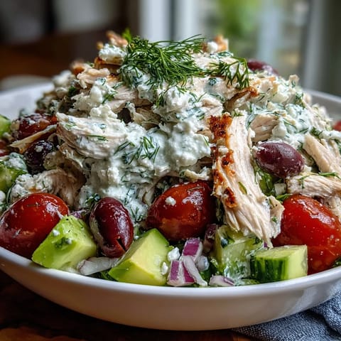 Creamy Tzatziki Chicken Salad served on fresh spinach with feta and Kalamata olives, ready to enjoy.