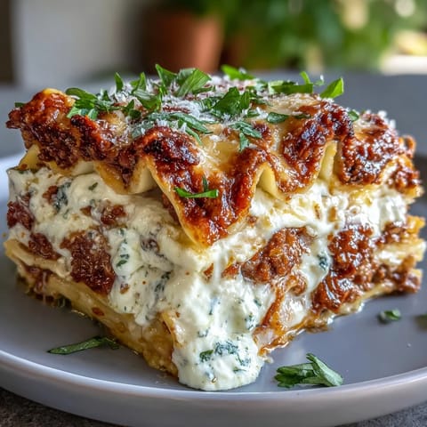 Golden, bubbly mozzarella tops a hearty slice of Worlds Best Lasagna, revealing rich meat sauce and creamy ricotta layers.