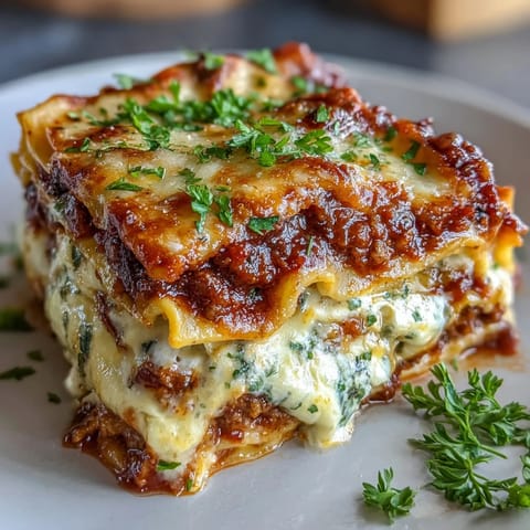 Fresh basil garnish adds vibrant color to this Worlds Best Lasagna, served hot on a rustic plate with Parmesan.