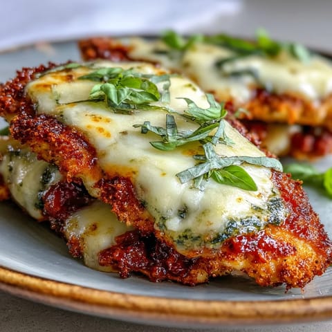 Golden-brown breaded chicken breasts topped with melted mozzarella and Parmesan, drizzled with basil pesto and marinara sauce on a baking dish.
