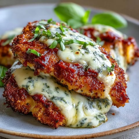 A serving of Pesto Chicken Parmesan plated with spaghetti and fresh basil, showcasing golden cheese and vibrant green pesto garnish.