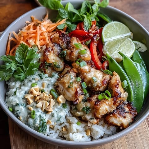 Freshly cooked Thai Chicken Coconut Bowl with fluffy coconut rice, tender chicken, and vibrant crisp vegetables, topped with herbs and peanuts.