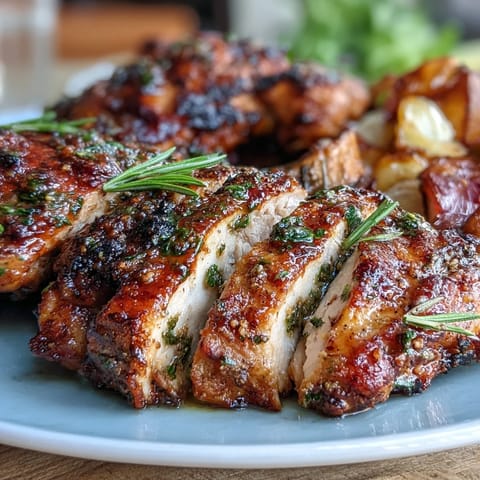 A colorful quinoa bowl topped with paprika herb chicken, roasted vegetables, and a drizzle of rose harissa for a fragrant kick.