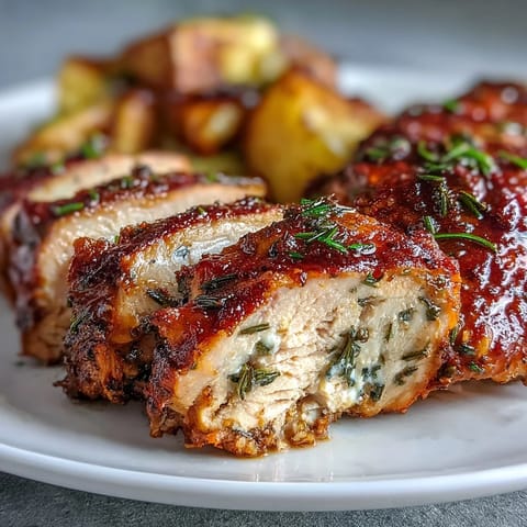 Sliced paprika herb chicken breast served over fluffy quinoa with golden roasted zucchini, bell peppers, and red onion.