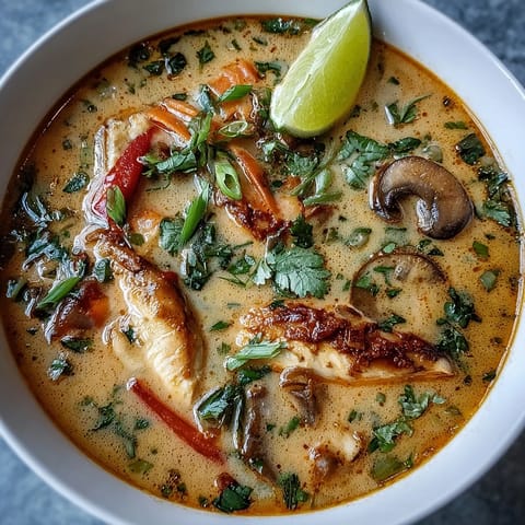 Creamy Thai Coconut Curry Soup Bowl with tender chicken, mushrooms, carrots, and red curry in a fragrant coconut broth.  