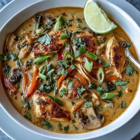 Vibrant Thai Coconut Curry Soup Bowl featuring chicken, red bell pepper, and spinach in a spicy coconut broth with fresh cilantro garnish.  